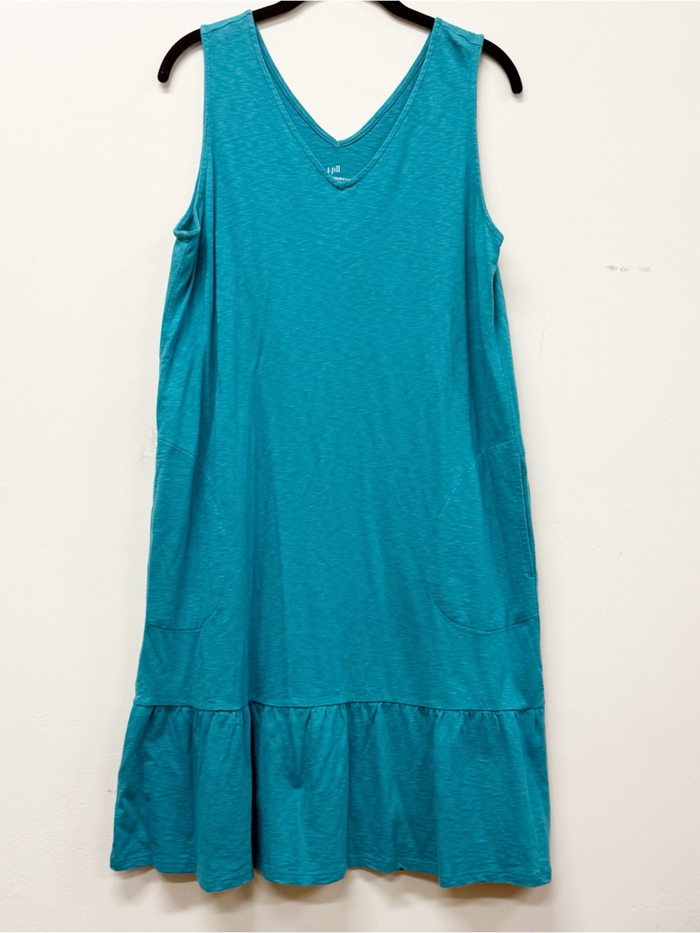 J. Jill Teal Flounced Hem Double V-Neck Sleeveless Knit Dress With Pockets, Sz M
